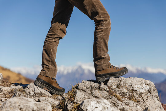 Italy, Como, detail of hiking boots on the rock