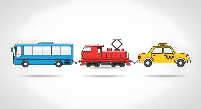 An illustration of a bus, train, and taxi connected together, representing a concept of public transportation, travel, and an integrated transit system