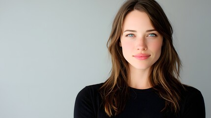 Fototapeta premium A woman with long brown hair and a black shirt is smiling