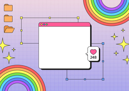 平成レトロなPCデスクトップ風のデジタルデザイン背景 パステルカラーのグリッドに虹やフォルダとウィンドウフレームを配置したSNS投稿やプロフィールに最適なY2Kベクター素材