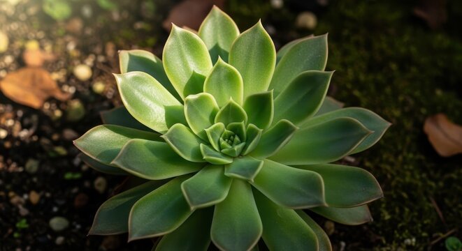 A vibrant green succulent plant with layered leaves forming a perfect rosette, showcasing intricate natural beauty.