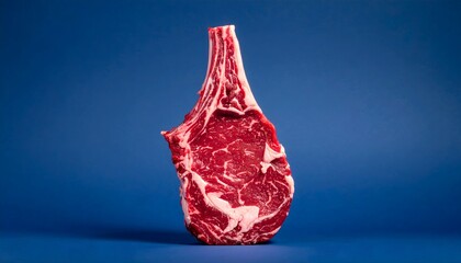 Raw bone-in cowboy ribeye steak standing on blue background