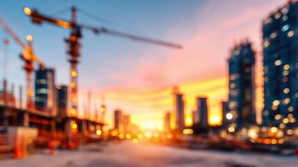 Blurred urban construction landscape with cranes and bokeh lights