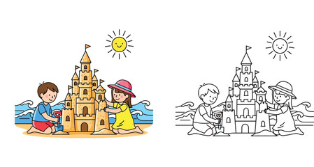 Naklejka premium Vector illustration of kids building a sandcastle on the beach in summer. Includes color and black and white line art outline for children's coloring book page.