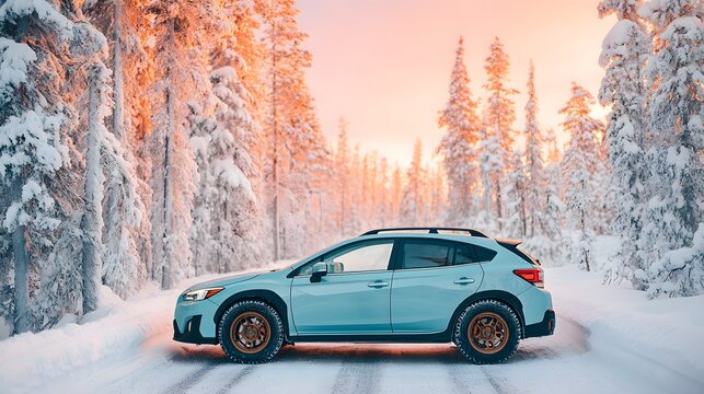 A blue car is parked on a snowy road in a forest