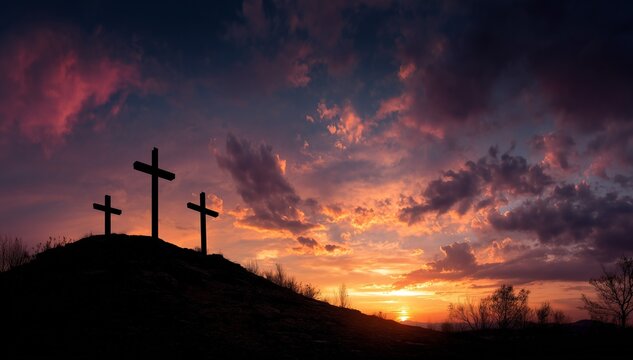 Three wooden crosses on hill at dramatic sunset sky symbolizing faith hope and christian spirituality