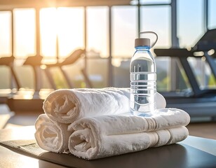 Still life folded white towels and a water bottle on a black mat, with blurred gym background and golden sunlight