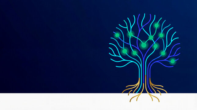 Digital tree with glowing network nodes and golden roots on dark blue background. Technology growth metaphor for innovation, machine learning and sustainable development.