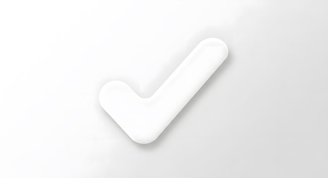 Minimalist 3D white check mark icon on a light grey background representing success and completion