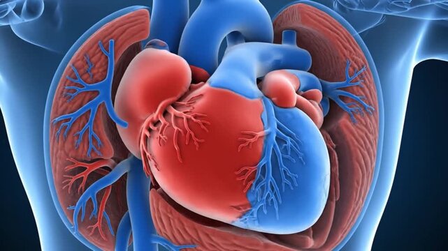 Detailed educational 3D animation of human cardiovascular organ showing pumping mechanism realistic myocardium surface texture internal cross section highlighting atria ventricles and valve motion syn