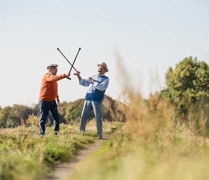 Two old friends fencing in the fields with their walking sticks