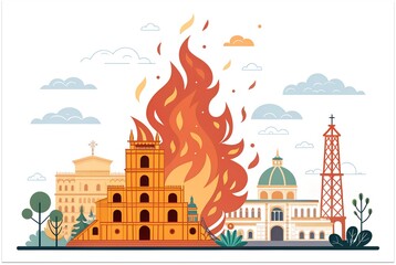Fototapeta premium Historic cityscape engulfed by a dramatic fire near iconic structures and a tower
