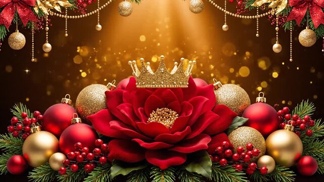 Festive holiday decoration with ornament rose and crown composition