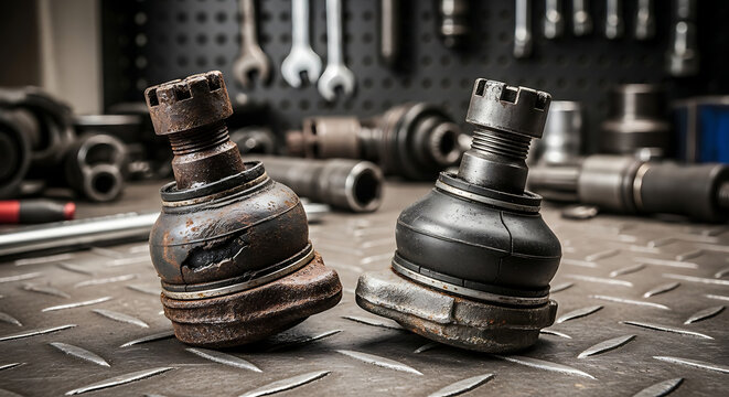 Automotive Maintenance Comparison of a Worn and New Ball Joint for Car Suspension Repair