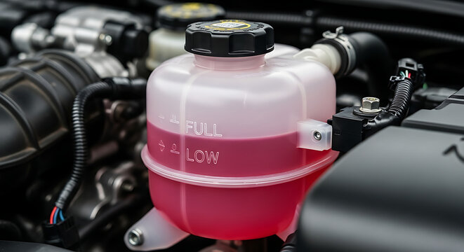 Close-up view of a car's engine coolant reservoir filled with pink fluid