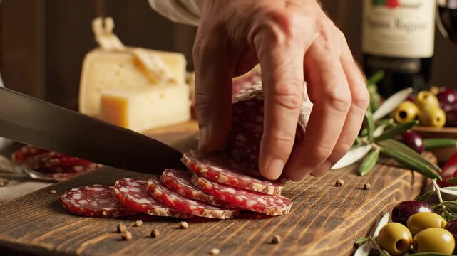 Chef slicing gourmet salami on wooden board with cheese and olives