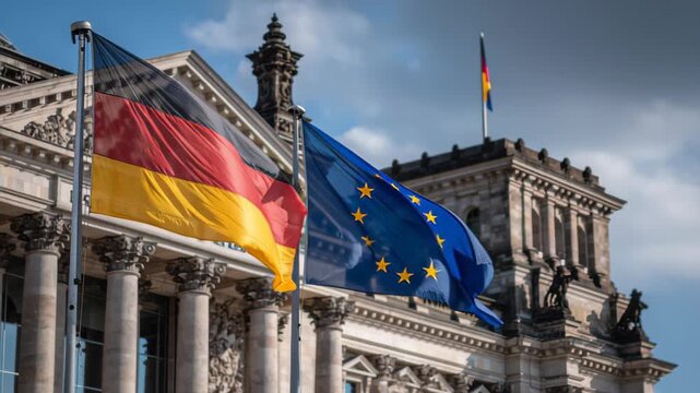 German and European flags wave in front of the Reichstag building in Berlin during a sunny day