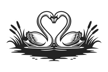 Two swans form heart shape in water with vegetation around them © Sonda
