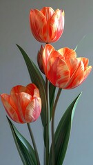 Three orange-and-white striped tulips with green leaves against a plain gray background, close-up