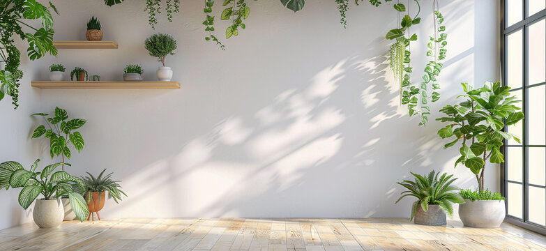 Bright minimalist office interior with textured white walls, light wood floors, floating wooden shelves and greenery. Ideal for video conferencing and  online meeting backgrounds.