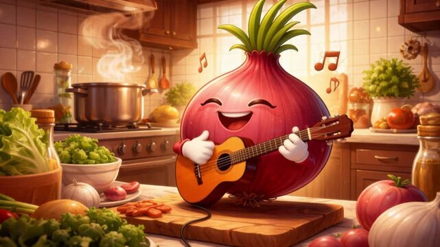 Happy red onion playing ukulele in a kitchen with a steaming pot on the stove and fresh vegetables for cooking.