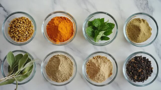indian spices, seeds and dry herbs in glass bowls slow motion video