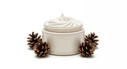 Body butter beside pinecones isolated on white background symbolizing natural winter skincare