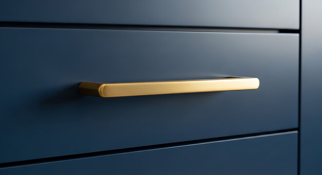 Close up shot of a modern brushed brass handle on dark blue cabinet doors