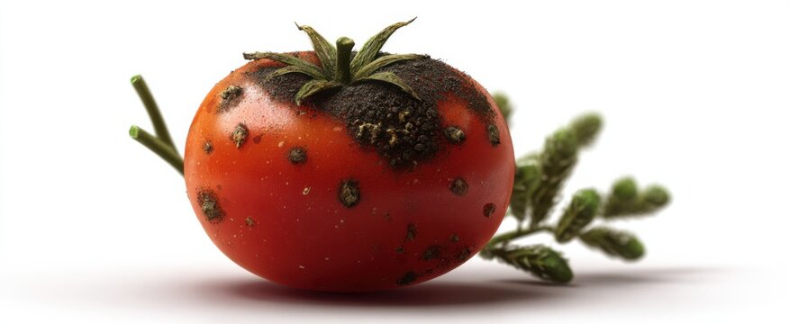 Detailed close-up of a rotting moldy tomato showcasing vivid decay and intricate textures.