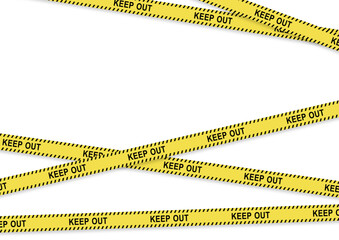 黄色と黒の立入禁止テープがランダムに交差するベクター背景素材 KEEP OUTの文字が入ったバリケードテープのセット 工事現場や事件現場および警告イメージのバナーデザインに最適なレイアウト