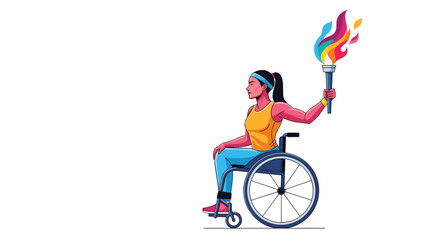 Fototapeta premium Determined female athlete in a wheelchair holding a brightly colored flaming torch for the spirit of competition and the Paralympics.