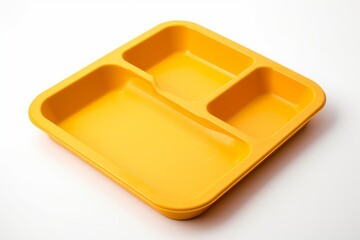 Empty yellow plastic tray with three compartments for holding food