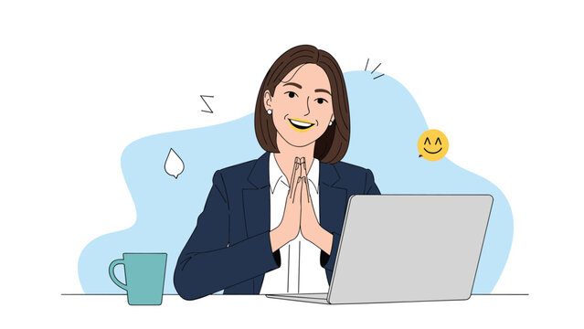 Happy professional businesswoman sitting at her desk with a laptop and a coffee mug expressing gratitude or making a polite request.