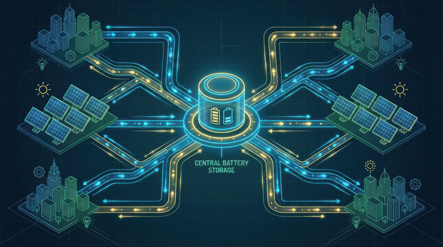 Central battery storage network connecting solar farms and urban microgrids with glowing energy flow lines, efficient smart grid design