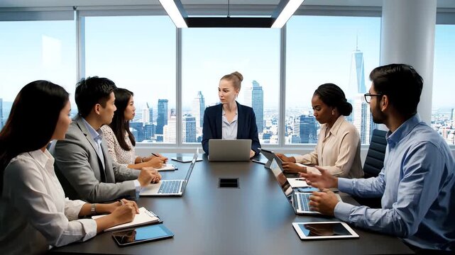 Diverse group of business professionals engaged in meeting equity hybird collaboration strategy session in modern office with city skyline view