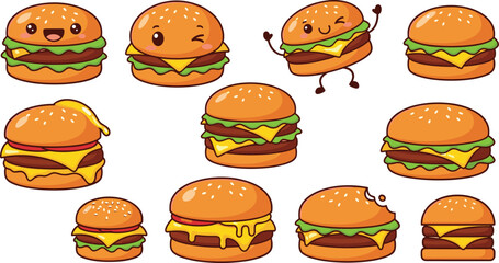 Cute Kawaii Burger Cartoon Collection with Funny Cheeseburger Characters and Different Topping Variations Isolated on White Background