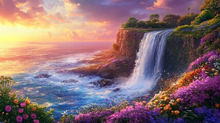 Fototapeta premium A beautiful waterfall is surrounded by a lush green forest and a blue ocean. The sky is filled with clouds and the sun is setting, creating a serene and peaceful atmosphere