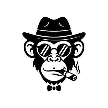 Cool monkey wearing fedora hat and smoking cigar.