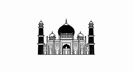 Fototapeta premium Iconic domed structure with tall minarets, black and white sketch