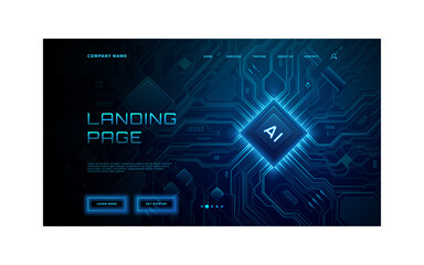 Blue circuit board background with glowing tech lines and digital patterns. Modern AI technology template for landing page, presentation, or tech banner design. Vector illustration
