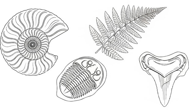 Fossilized ammonite, fern leaf, trilobite, and shark tooth