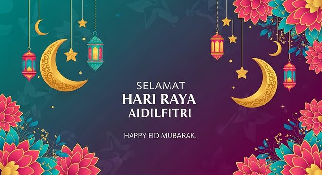Golden crescent moon and lanterns with floral decorations and text Selamat Hari Raya Aidilfitri Islamic
