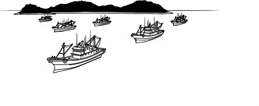 Fleet of fishing boats sailing on the ocean near a distant, dark shoreline