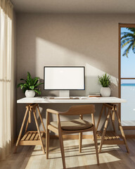 Fototapeta premium White screen computer on wooden table with sunlight through curtain and sea beach view outside door.