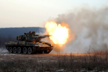 Fototapeta premium Military tank firing its main gun during a combat exercise, with bright muzzle flash and smoke billowing against a winter landscape