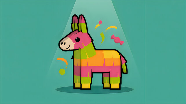 Cartoon donkey pi&ntilde;ata in vibrant pink, green, yellow, and orange, brightly lit with falling confetti and candy