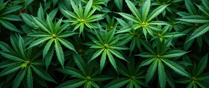 Lush green cannabis leaves pattern panorama. Dark moody marijuana foliage texture background top view
