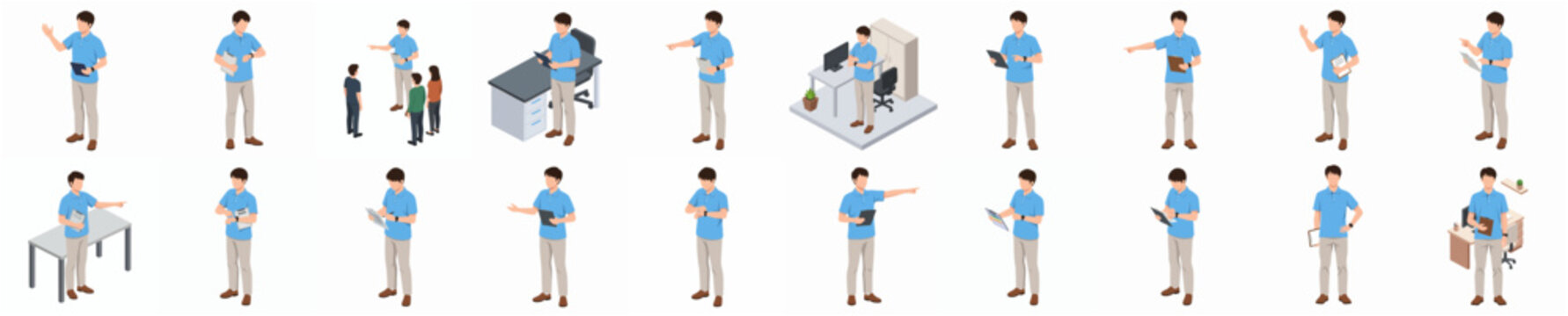 Isometric Professional Man Character in Diverse Poses and Situations Illustration Set