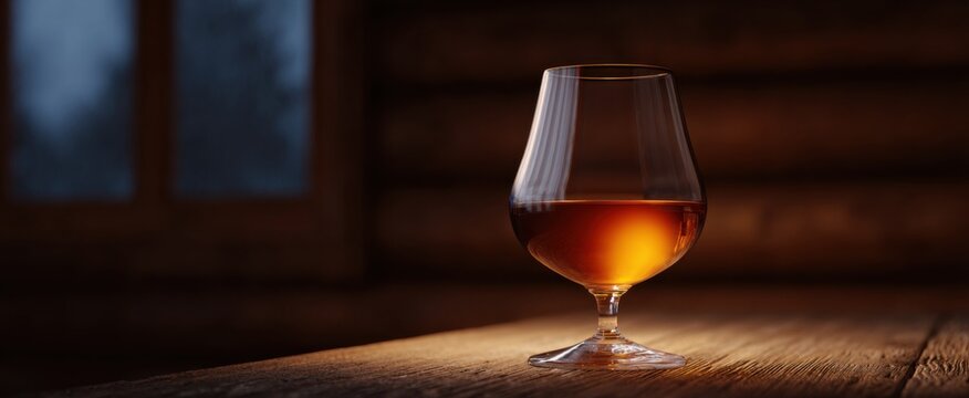 A brandy snifter glass glows like a cozy campfire on rustic wood.