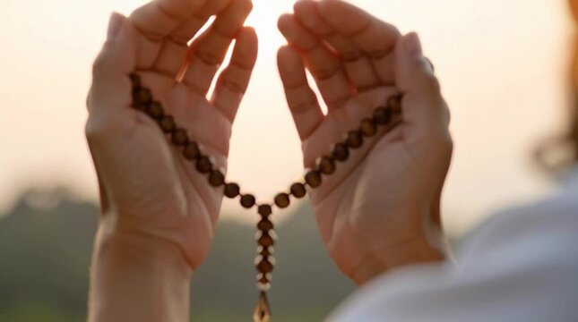 Peaceful person holding prayer beads during iftar prayer at sunset, close up static shot iftar prayer concept